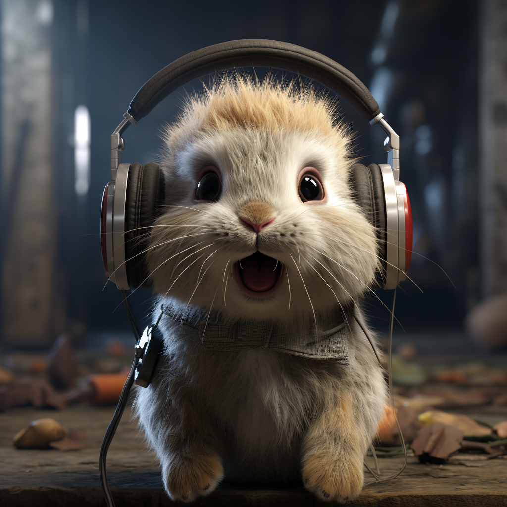 A very surprised-looking bunny wearing headphones.